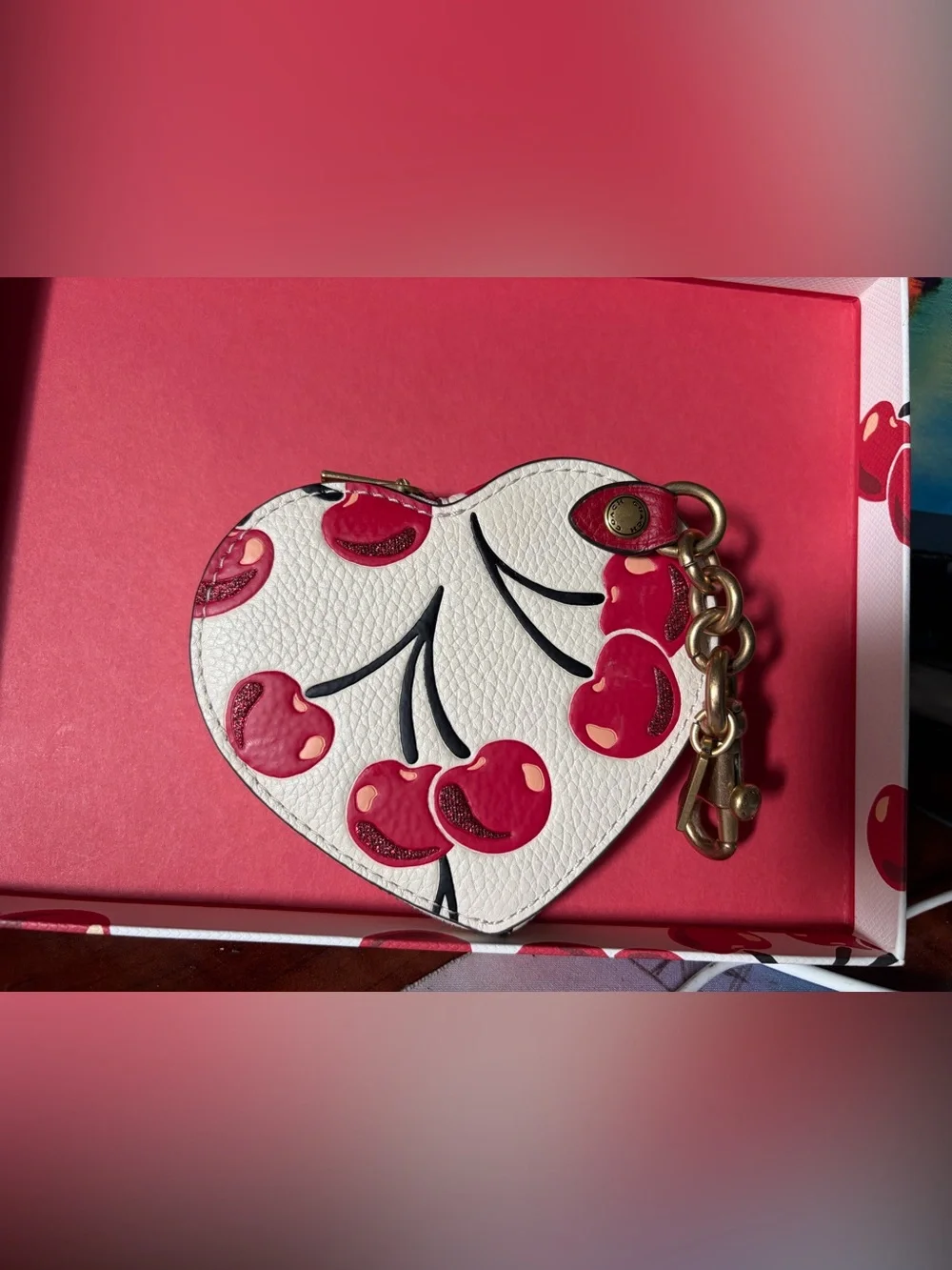 Coach Heart Key & Card Holder - White with Red Cherries